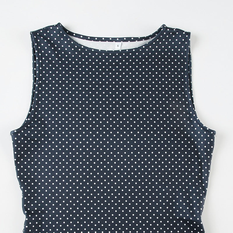 Women's Sleeveless Polka Dot Mini Dress with Contoured Fitted Waist