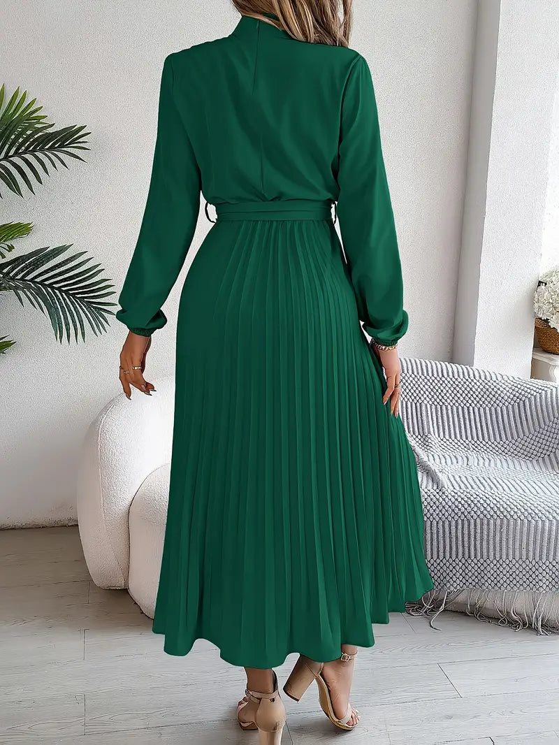 Women's Long-Sleeve Pleated Midi Dress with Matching Waist Belt