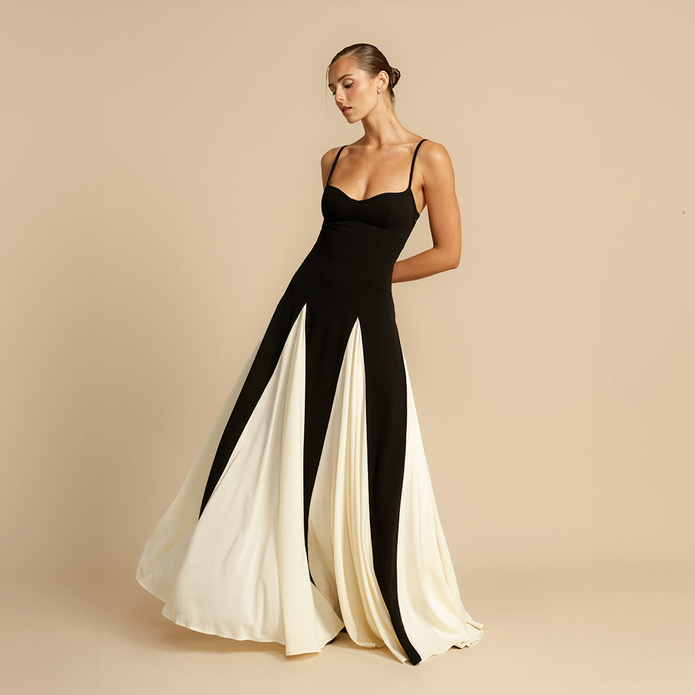 Contrast-Panel Evening Dress with Fine Spaghetti Straps