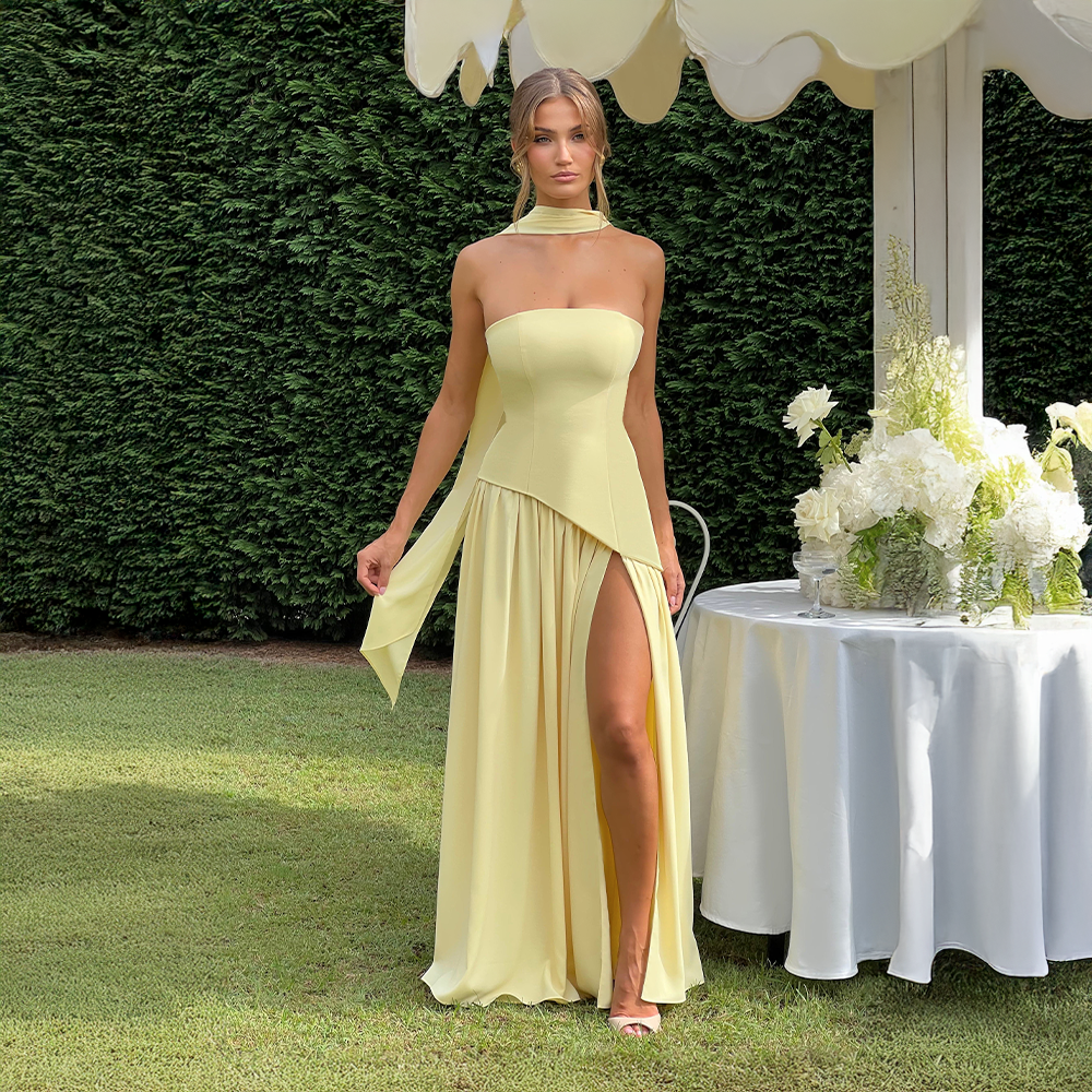 Strapless Dress with Asymmetric Hem and High Slit