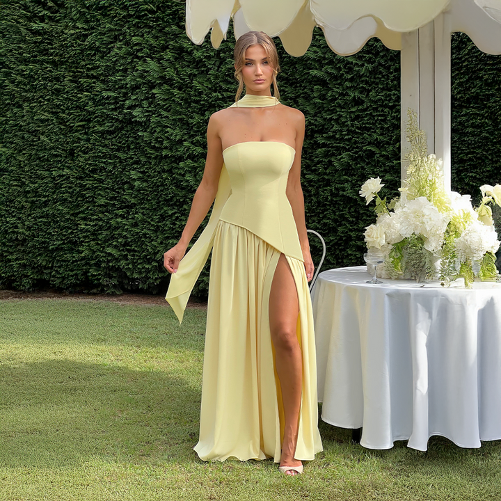 Strapless Dress with Asymmetric Hem and High Slit