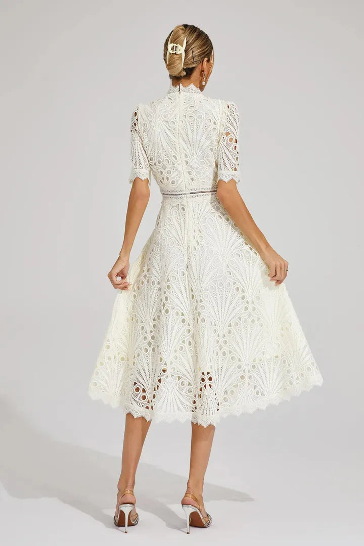 A-Line Lace Midi Dress with a High Neckline