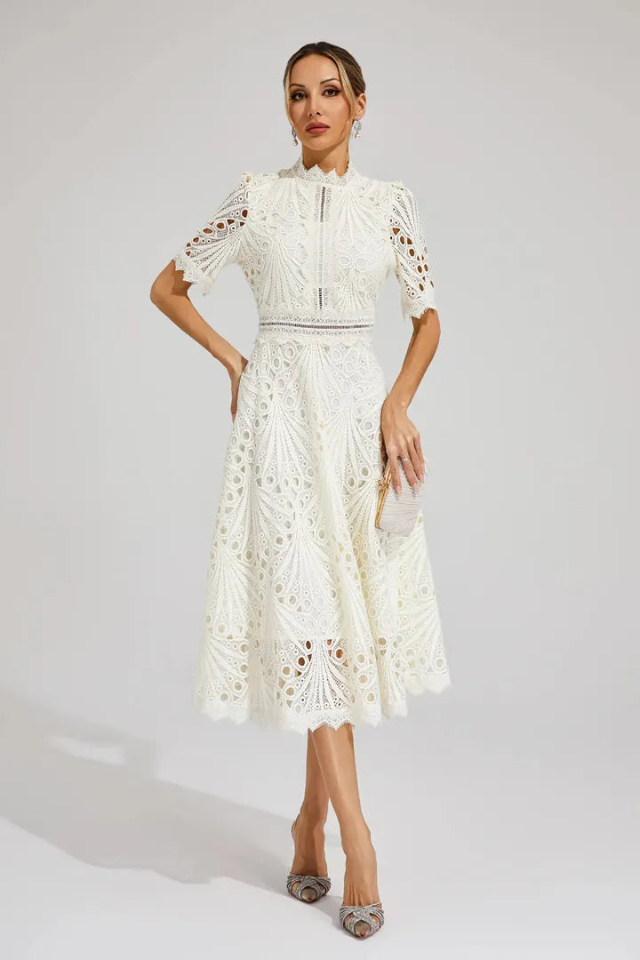 A-Line Lace Midi Dress with a High Neckline