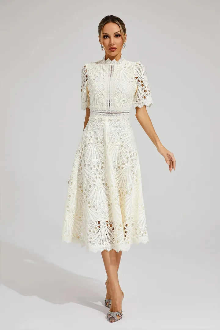 A-Line Lace Midi Dress with a High Neckline