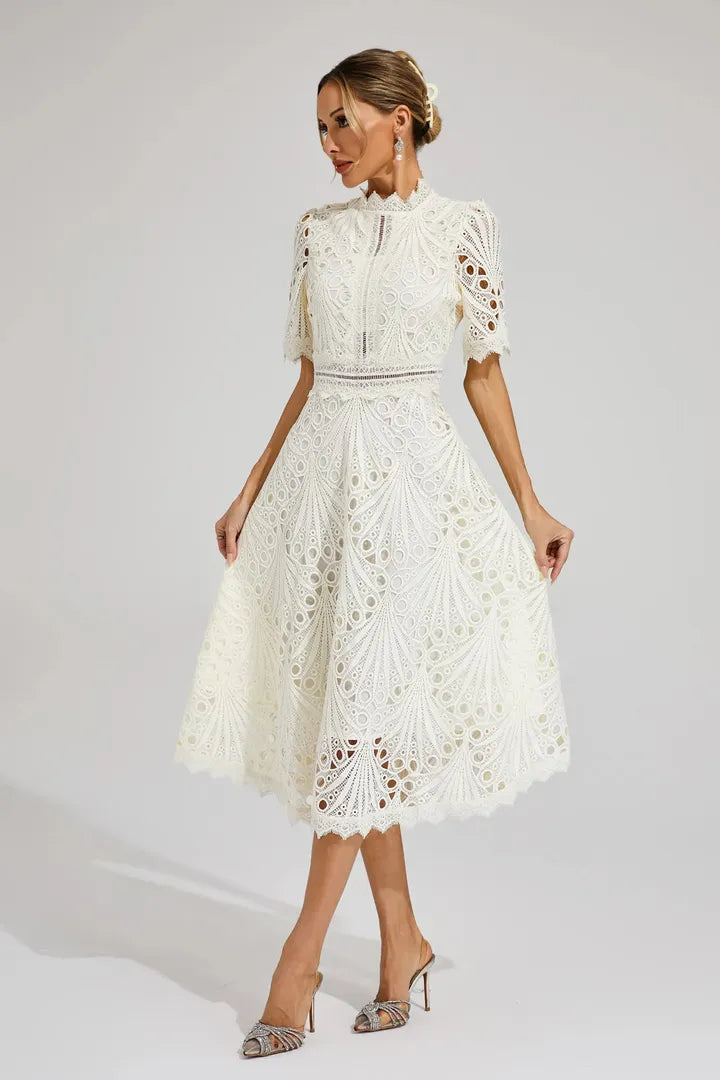 A-Line Lace Midi Dress with a High Neckline