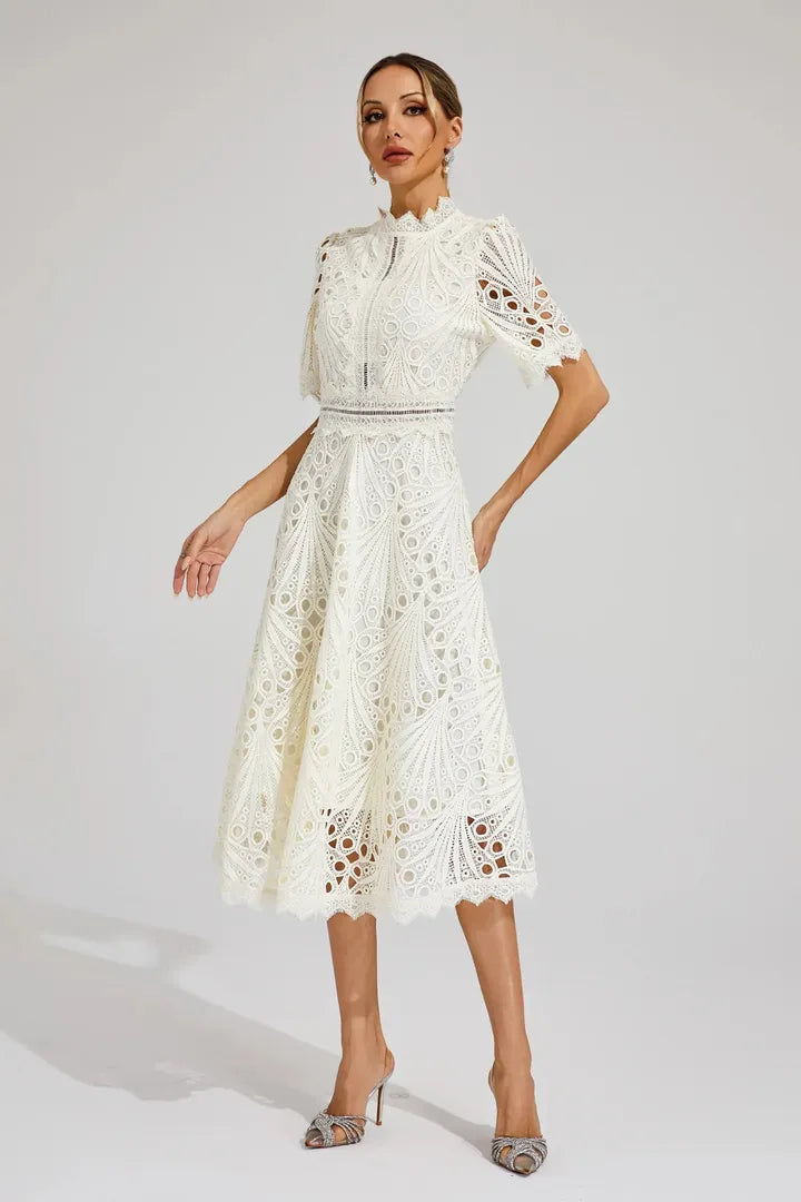 A-Line Lace Midi Dress with a High Neckline