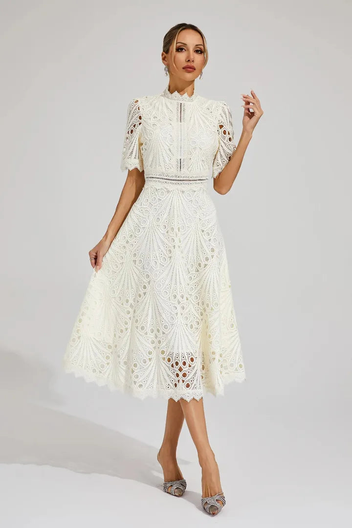 A-Line Lace Midi Dress with a High Neckline