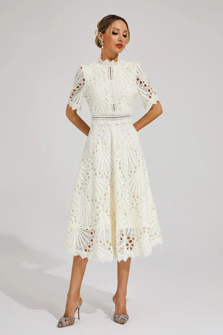 A-Line Lace Midi Dress with a High Neckline