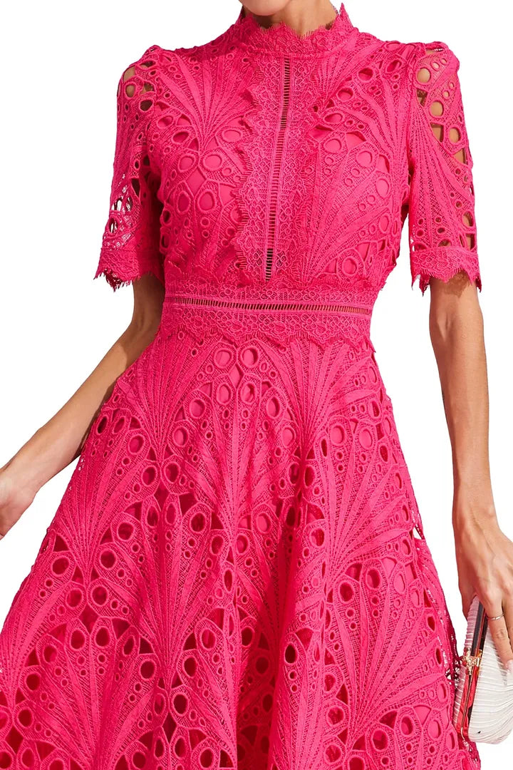 A-Line Lace Midi Dress with a High Neckline