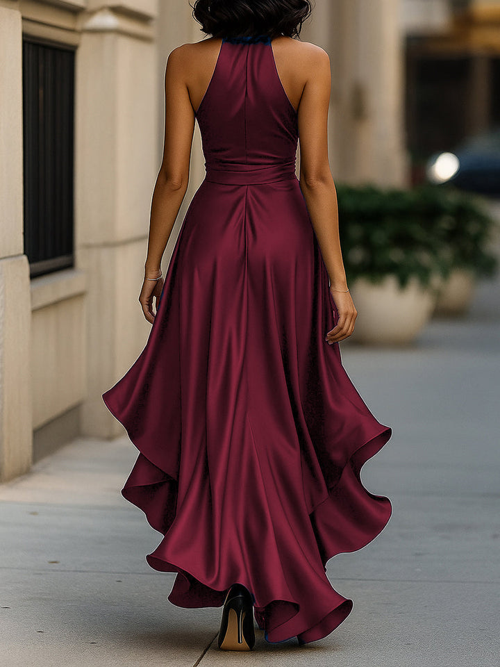 Women's V-Neck Satin Maxi Gown with Ruched Bodice