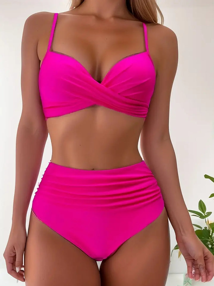 Women's High-Waisted Tropical Bikini Set with V-Neck Top