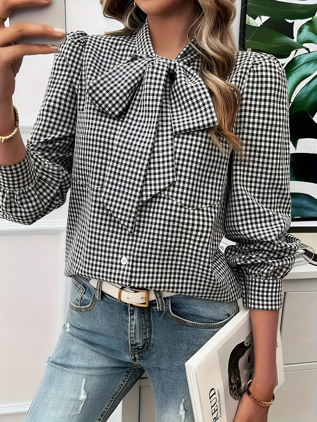 Women's Check Print Blouse with Tie Neck