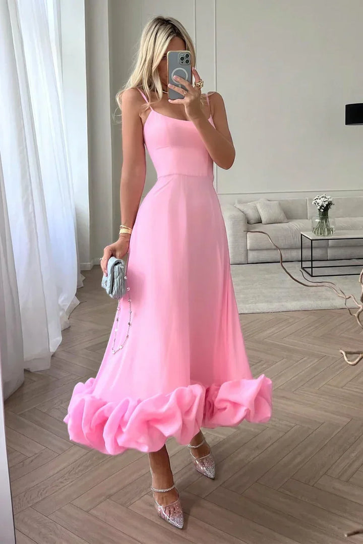 Women's Flared Maxi Dress with Ruffle Hem and Spaghetti Straps