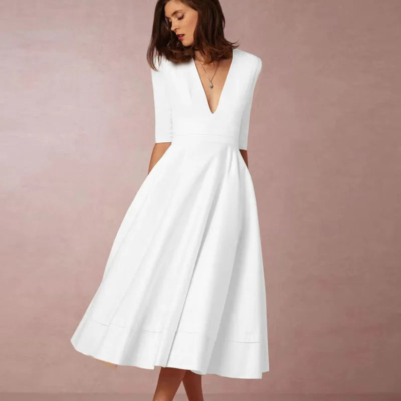 Women's Flowy A-Line Midi Dress with Soft Draping Skirt