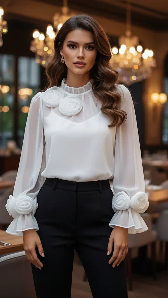 Women's Romantic Blouse with Rose Accent