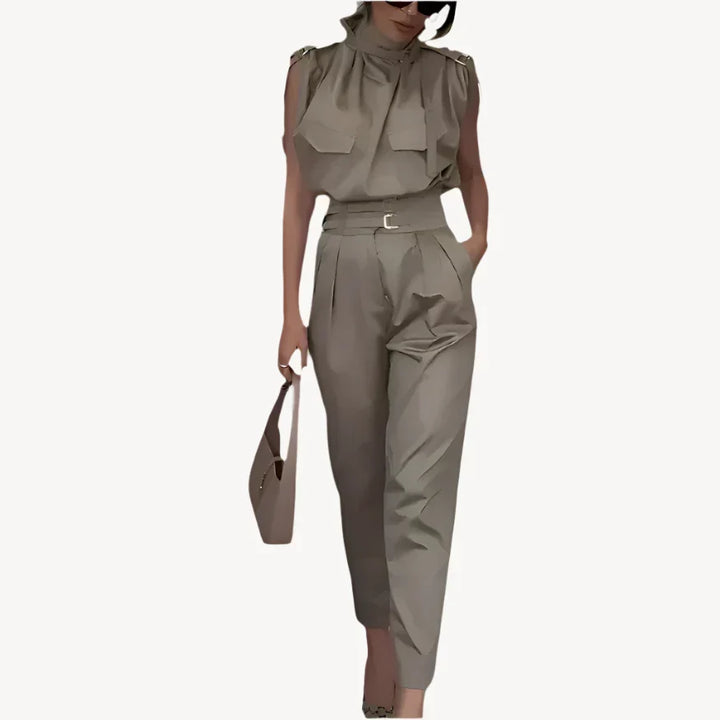 Women's Belted Waist Two Piece Suit Set with Matching Trousers