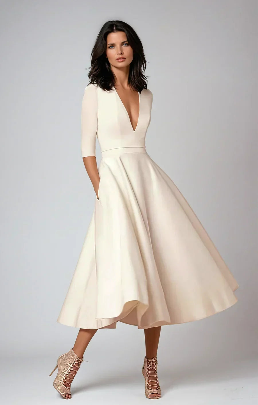 Women's Flowy A-Line Midi Dress with Soft Draping Skirt