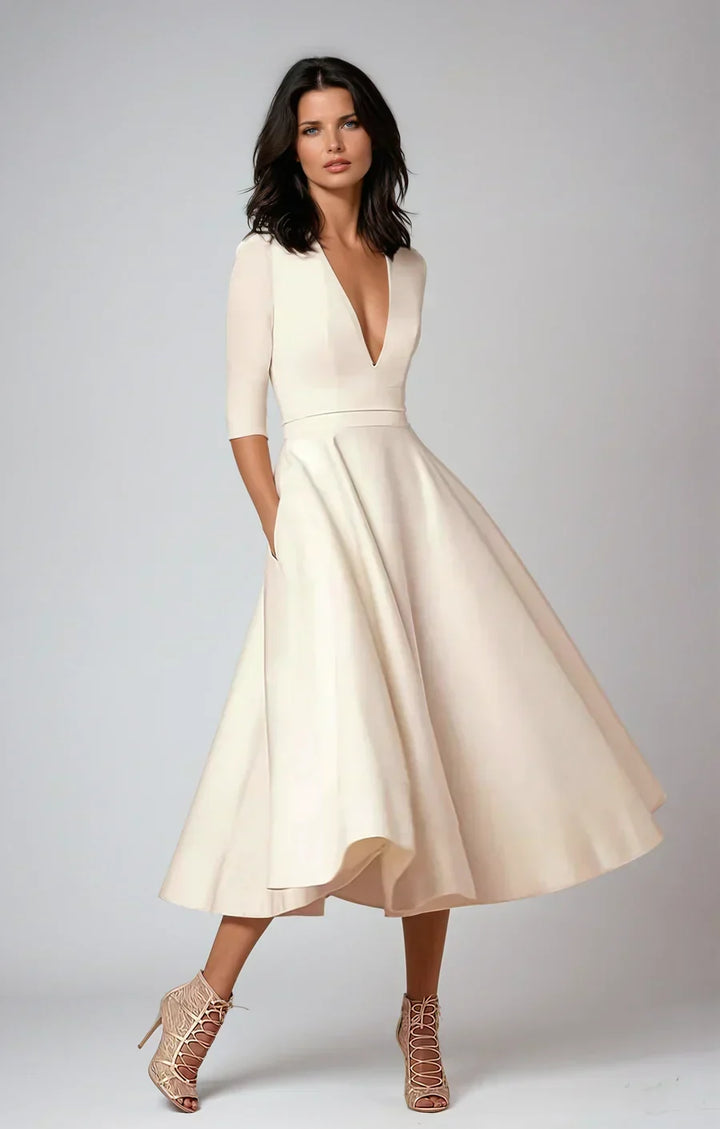 Women's Flowy A-Line Midi Dress with Soft Draping Skirt