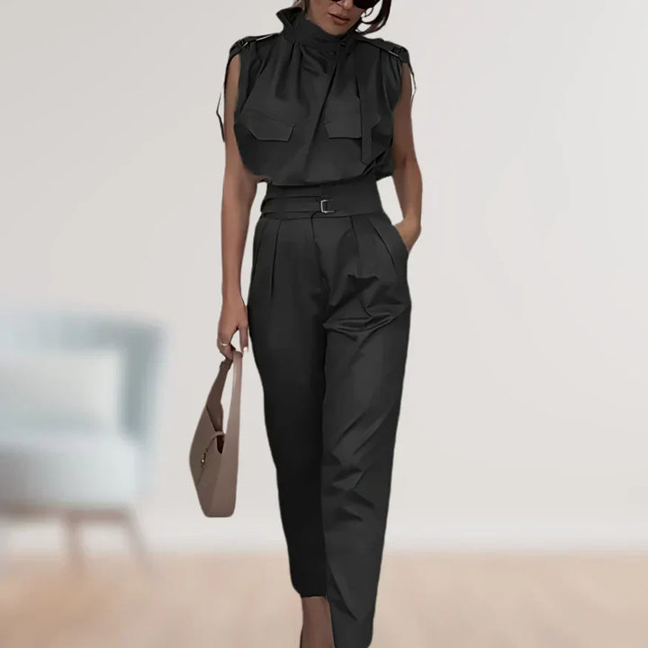 Women's Belted Waist Two Piece Suit Set with Matching Trousers
