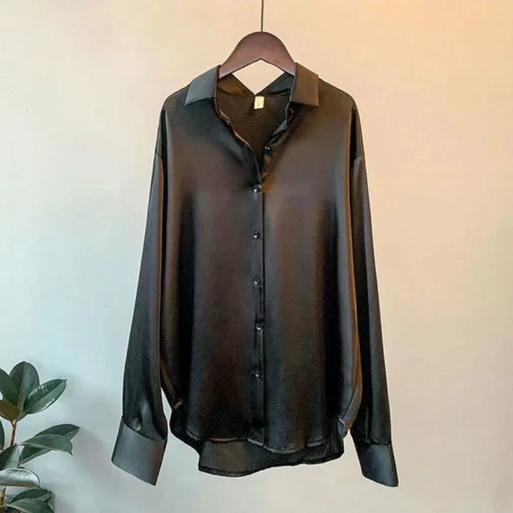 Women's Loose Fit Satin Blouse with Button-Down Front