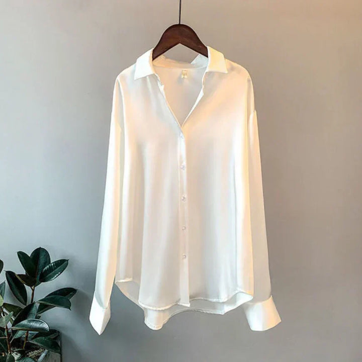 Women's Loose Fit Satin Blouse with Button-Down Front