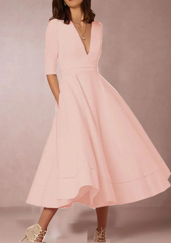Women's Flowy A-Line Midi Dress with Soft Draping Skirt