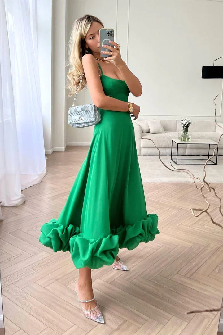 Women's Flared Maxi Dress with Ruffle Hem and Spaghetti Straps