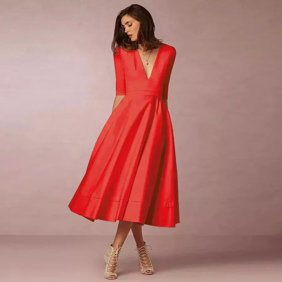 Women's Flowy A-Line Midi Dress with Soft Draping Skirt