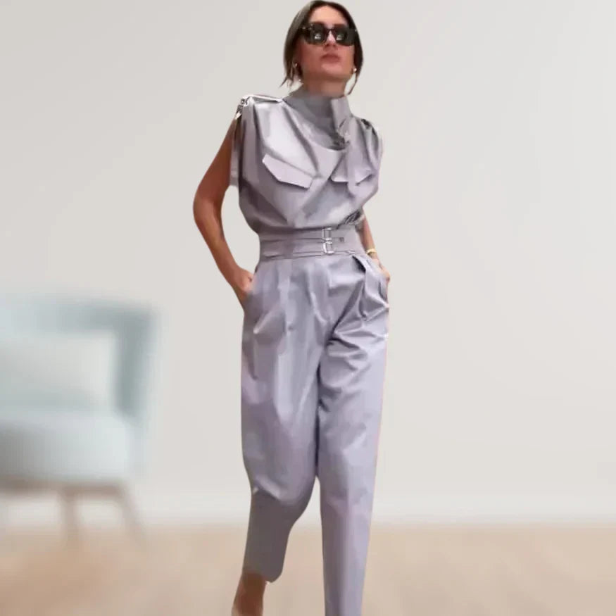 Women's Belted Waist Two Piece Suit Set with Matching Trousers