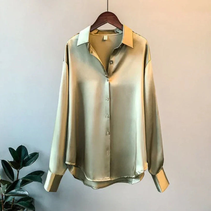 Women's Loose Fit Satin Blouse with Button-Down Front