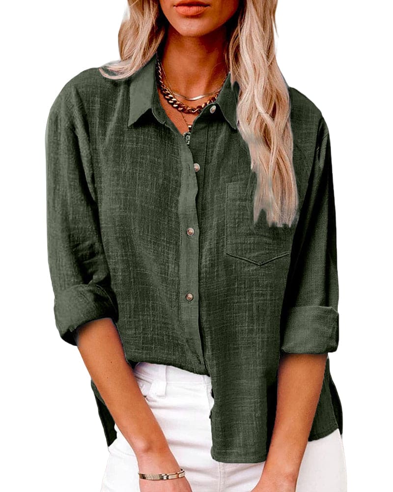 Women's Long Sleeve Linen Shirt with a Button-Front Design