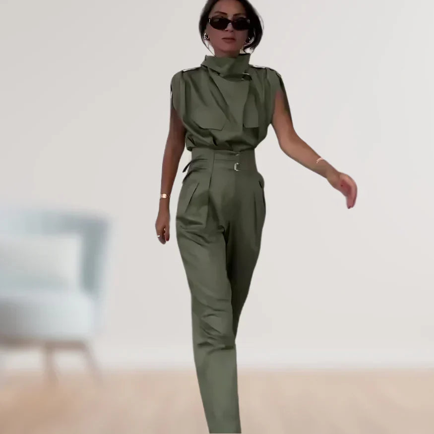 Women's Belted Waist Two Piece Suit Set with Matching Trousers