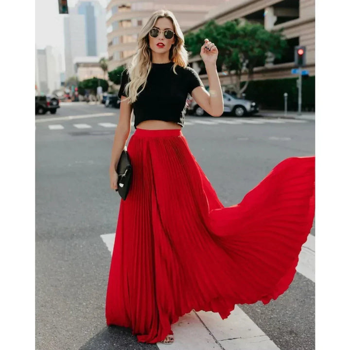 Women's Long Pleated Maxi Skirt with a Flowy Drape