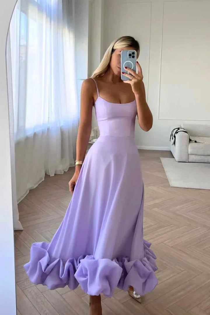 Women's Flared Maxi Dress with Ruffle Hem and Spaghetti Straps