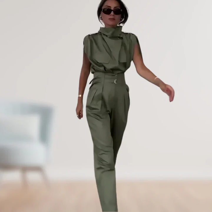 Women's Belted Waist Two Piece Suit Set with Matching Trousers