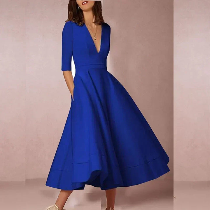 Women's Flowy A-Line Midi Dress with Soft Draping Skirt