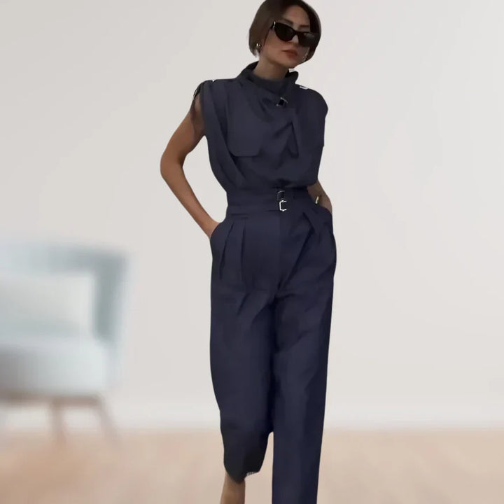 Women's Belted Waist Two Piece Suit Set with Matching Trousers