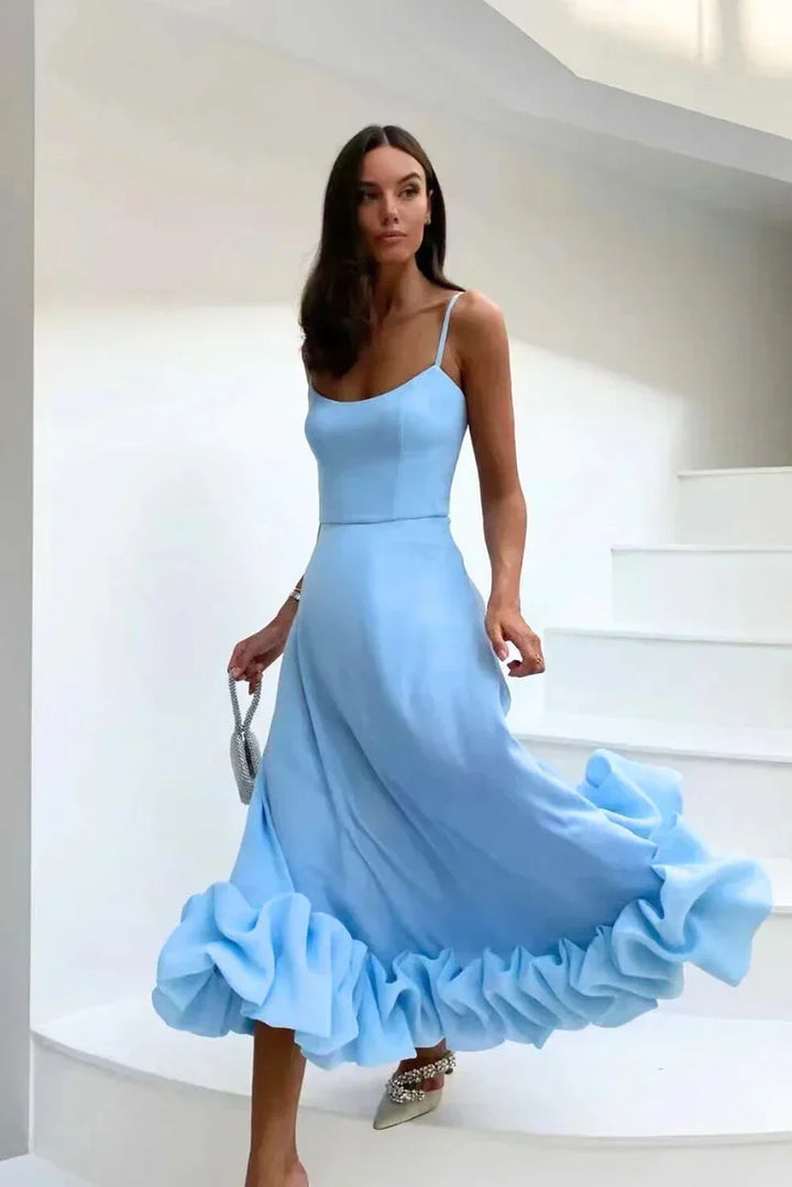 Women's Flared Maxi Dress with Ruffle Hem and Spaghetti Straps