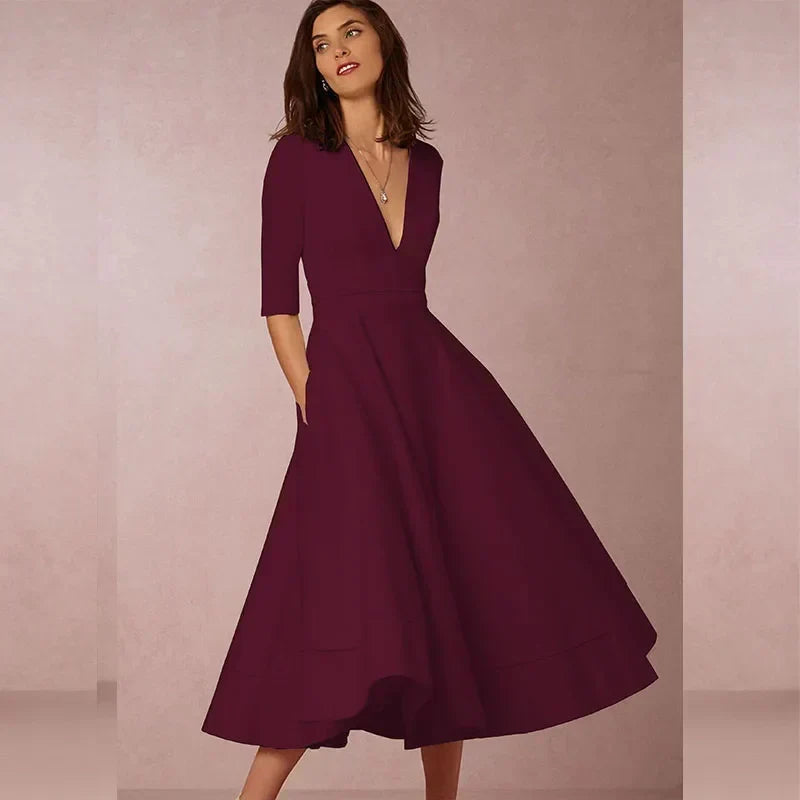 Women's Flowy A-Line Midi Dress with Soft Draping Skirt