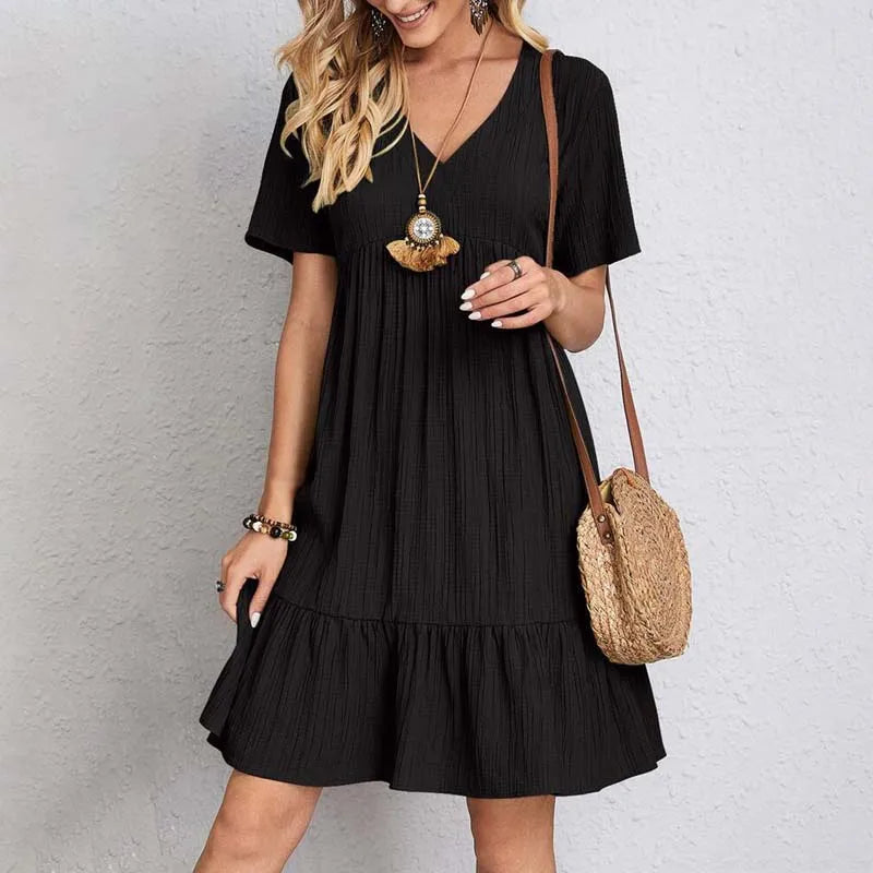 Women's A-Line Cotton Mini Dress with V-Neck and Short Sleeves