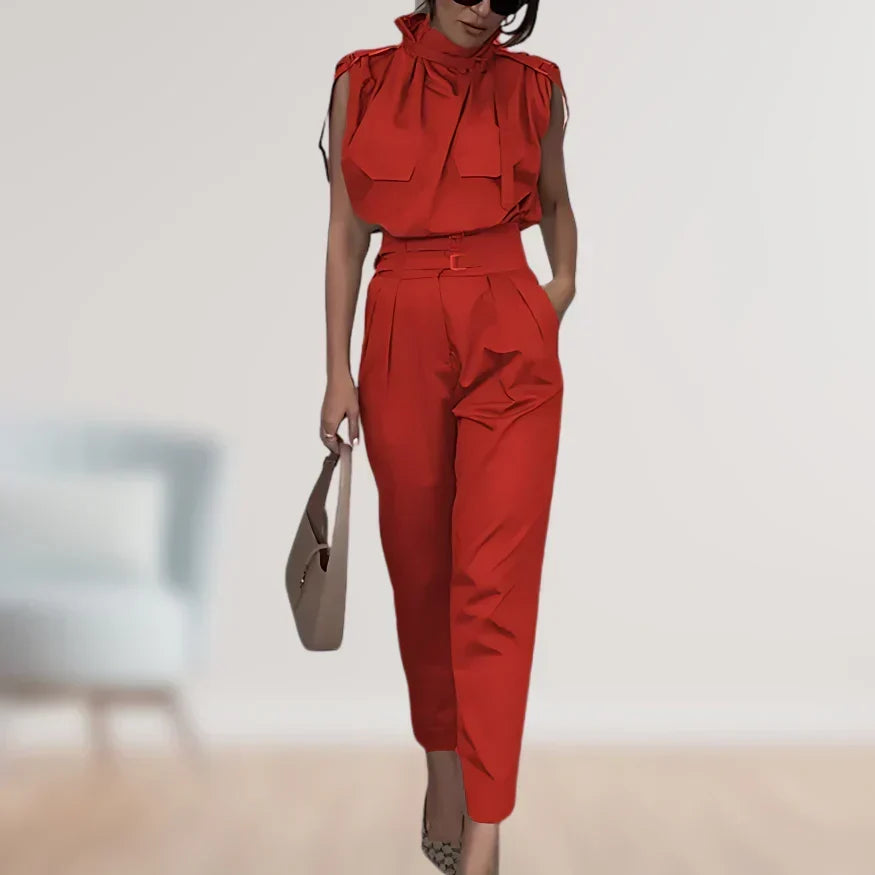 Women's Belted Waist Two Piece Suit Set with Matching Trousers