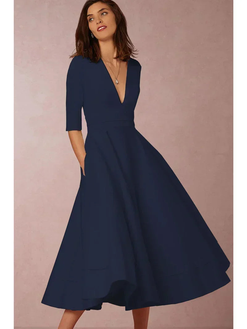 Women's Flowy A-Line Midi Dress with Soft Draping Skirt