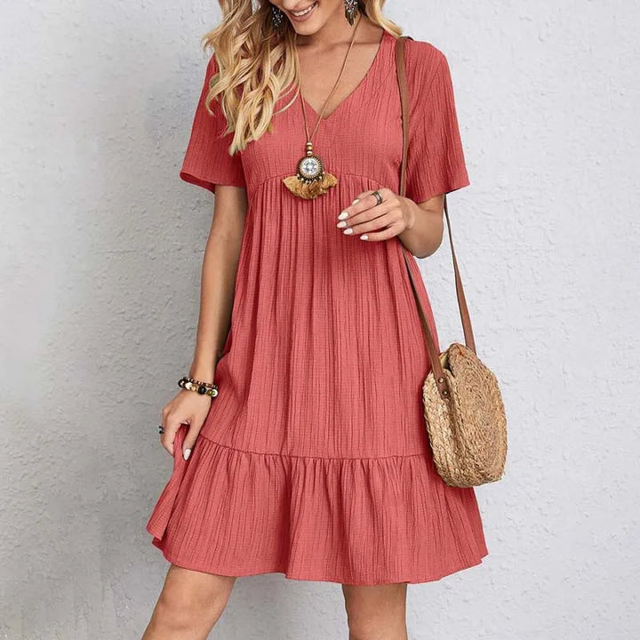 Women's A-Line Cotton Mini Dress with V-Neck and Short Sleeves