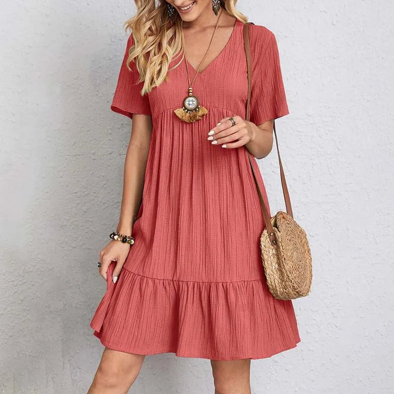 Women's A-Line Cotton Mini Dress with V-Neck and Short Sleeves