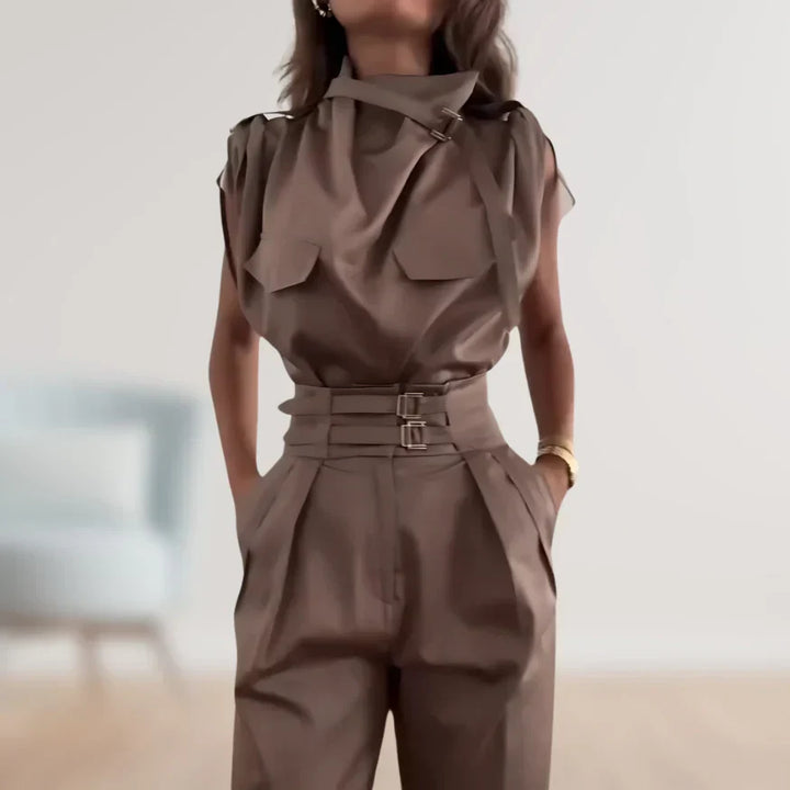 Women's Belted Waist Two Piece Suit Set with Matching Trousers