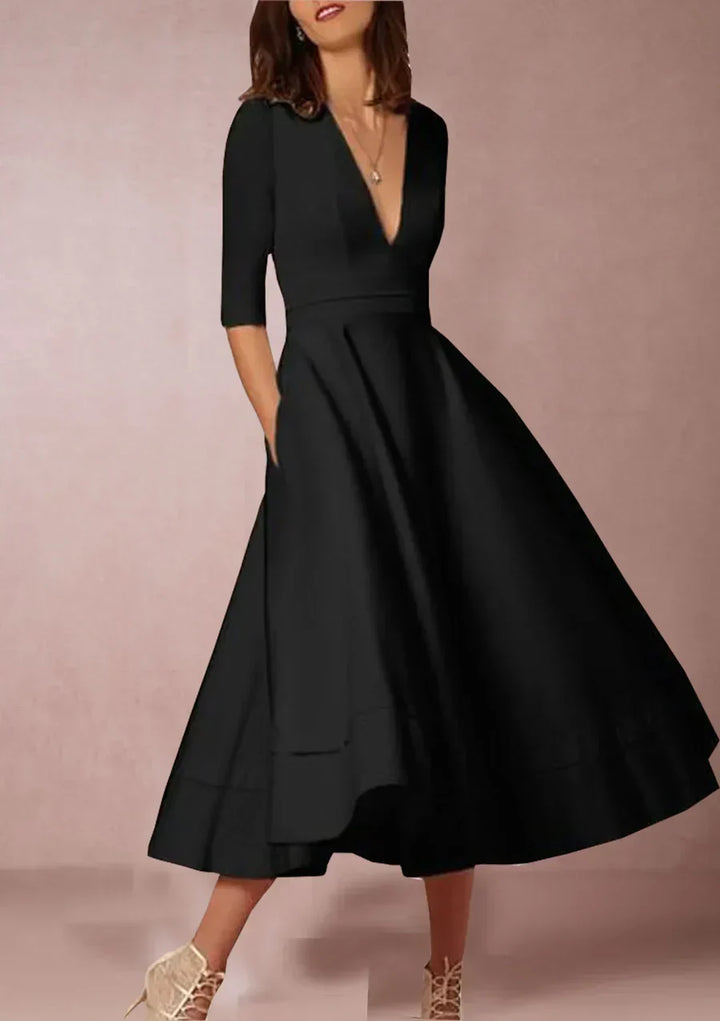 Women's Flowy A-Line Midi Dress with Soft Draping Skirt