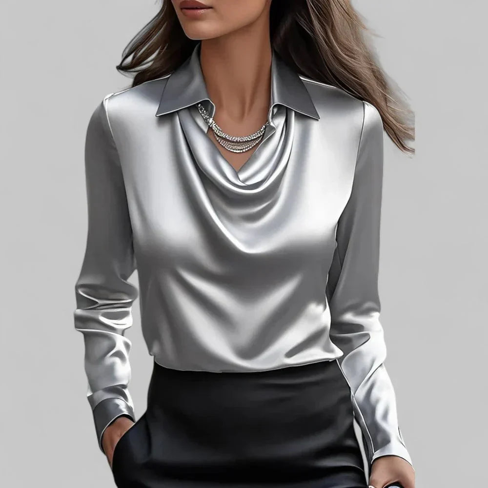 Women's Satin Blouse with Draped Neckline