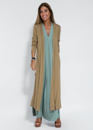 Turquoise dress + cardigan in coffee