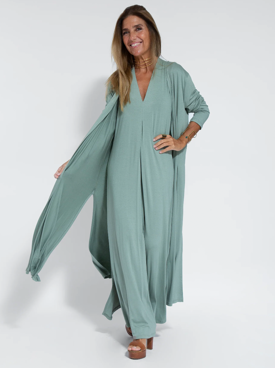 Sleeveless Maxi Dress and Matching Vest, Full-Length Set