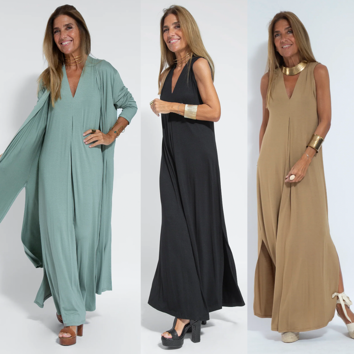 Sleeveless Maxi Dress and Matching Vest, Full-Length Set